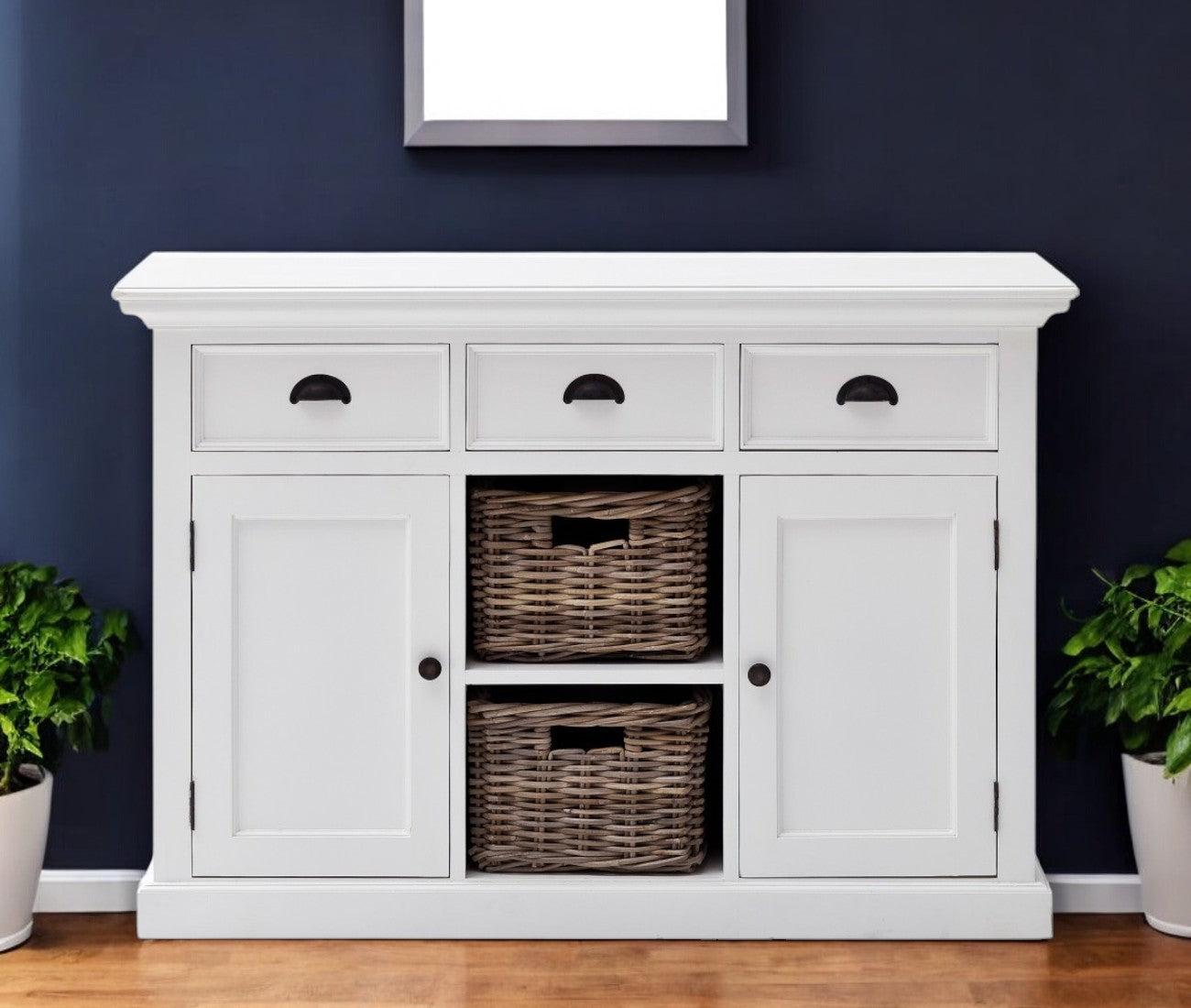 49" White Wood Three Drawer Sideboard with Two Doors-0