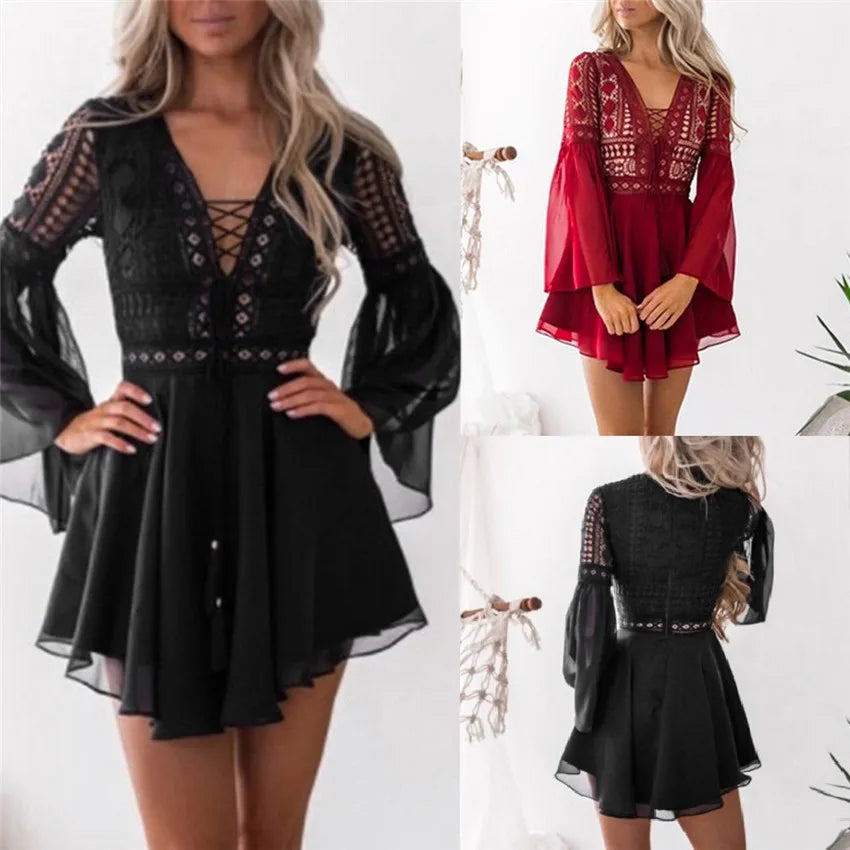 Hollow Out White Dress Sexy Women Mini Chiffon Semi-Sheer Checkered Dress Plunge V-Neck Long Sleeve Crochet Lace Dress Black