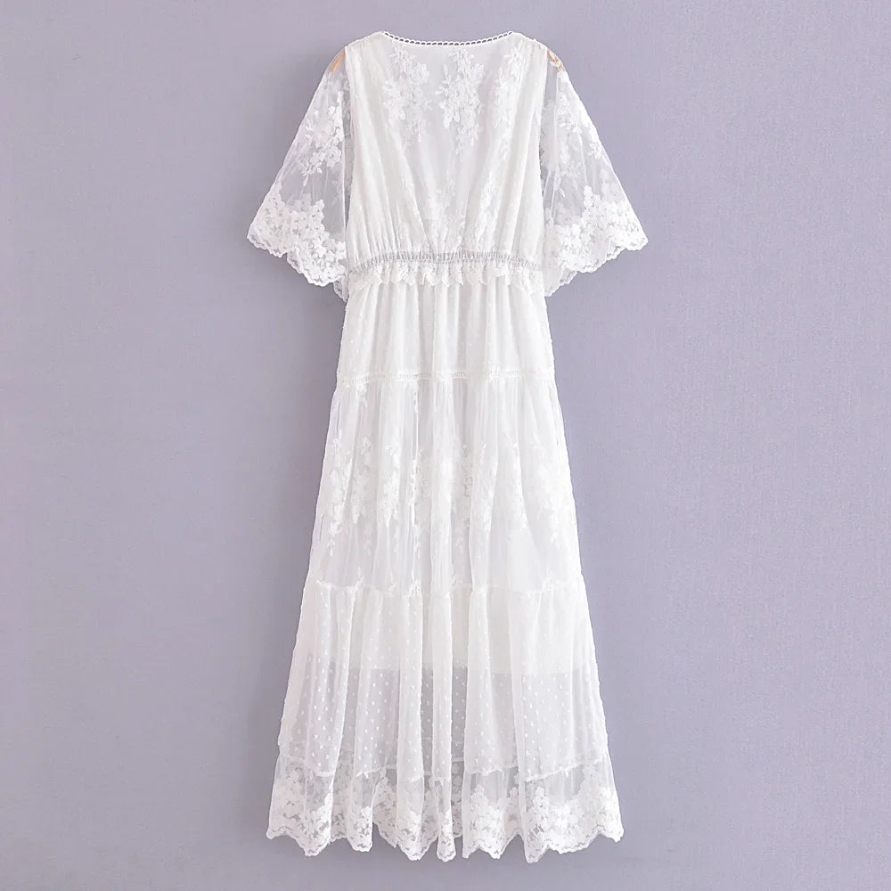 Happie Queens Women Solid Short Sleeve Beach Sexy Lace Bohemian Maxi Dress Ladies V-neck Boho Sundress Vestidos