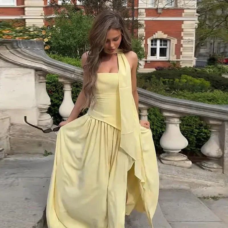 Women Butter Yellow Pleated Scarf Collar Long Dress Tie Back Spliced Backless Split Party Dresses 2025 Summer Asymmetric Robes