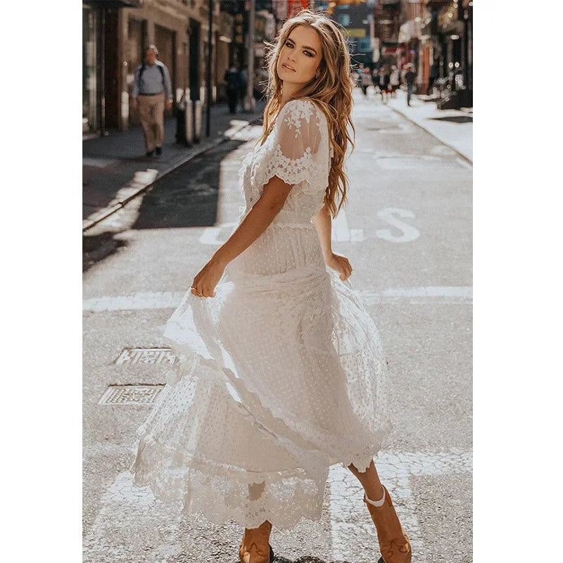 Happie Queens Women Solid Short Sleeve Beach Sexy Lace Bohemian Maxi Dress Ladies V-neck Boho Sundress Vestidos