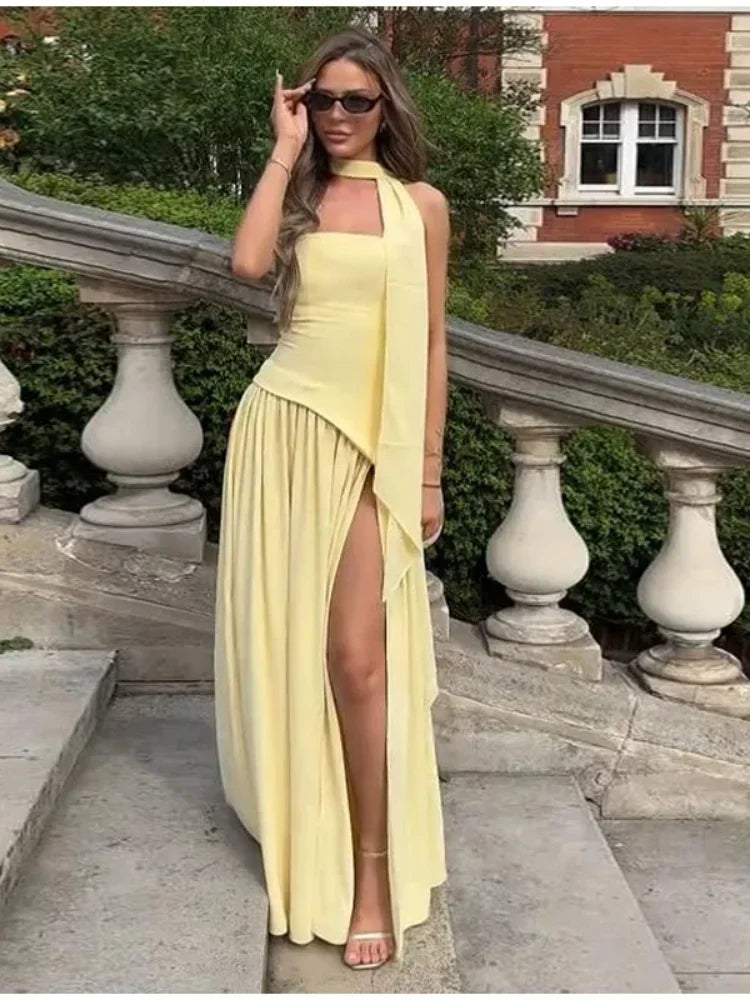 Women Butter Yellow Pleated Scarf Collar Long Dress Tie Back Spliced Backless Split Party Dresses 2025 Summer Asymmetric Robes