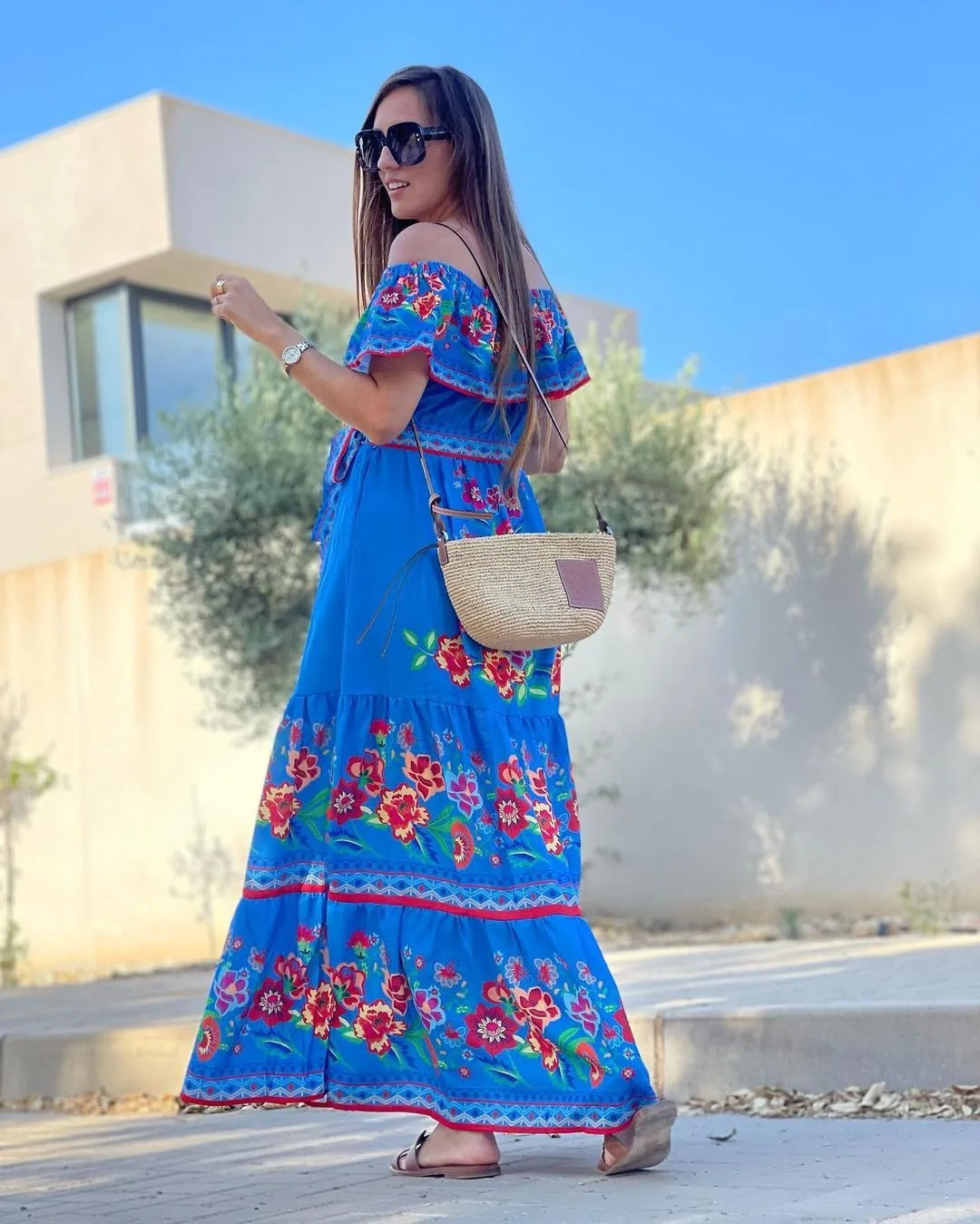 Mexican Traditional Ethnic Mexican Cinco De Mayo Summer Floral Print Off Shoulder Women Mexican Dress