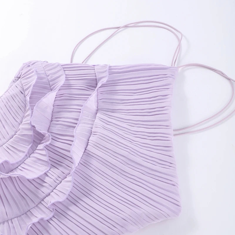 Chic pleated halter neck long vacation dress high quality purple strapless Lotus Edge Maxi Dress 2025 New Lady Vacation Gowns