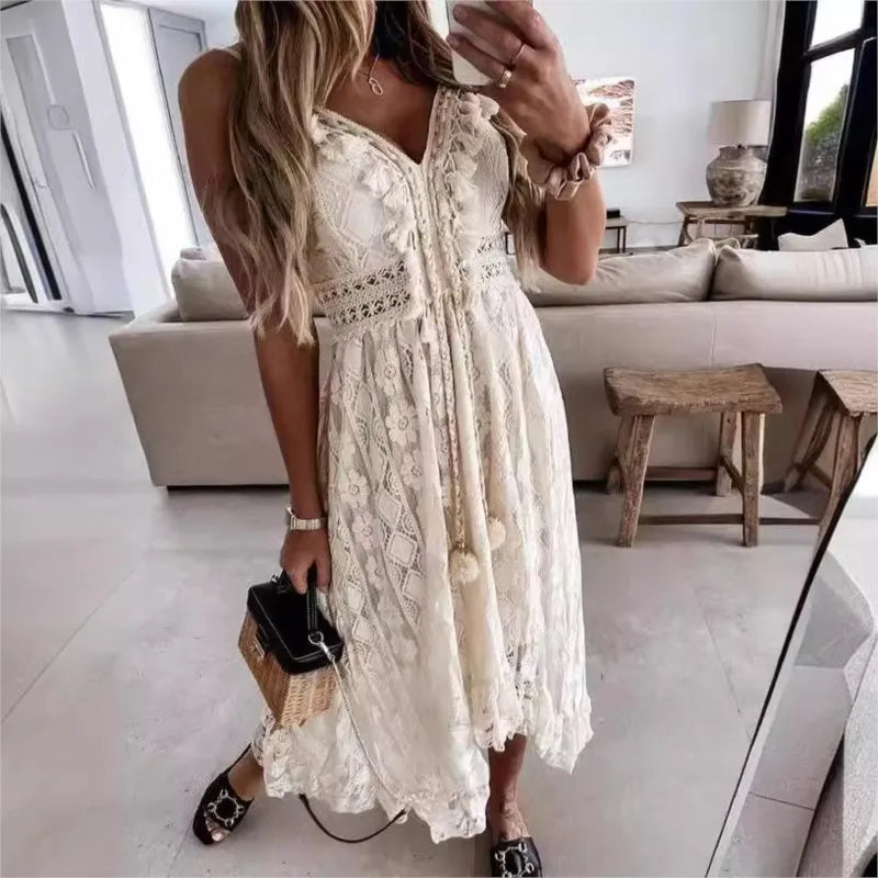 2025 Summer New Lace Solid Color Long Dress Fashion Casual Bohemia V-neck Sleeveless Spaghetti Strap Beach Irregular Hem Dresses