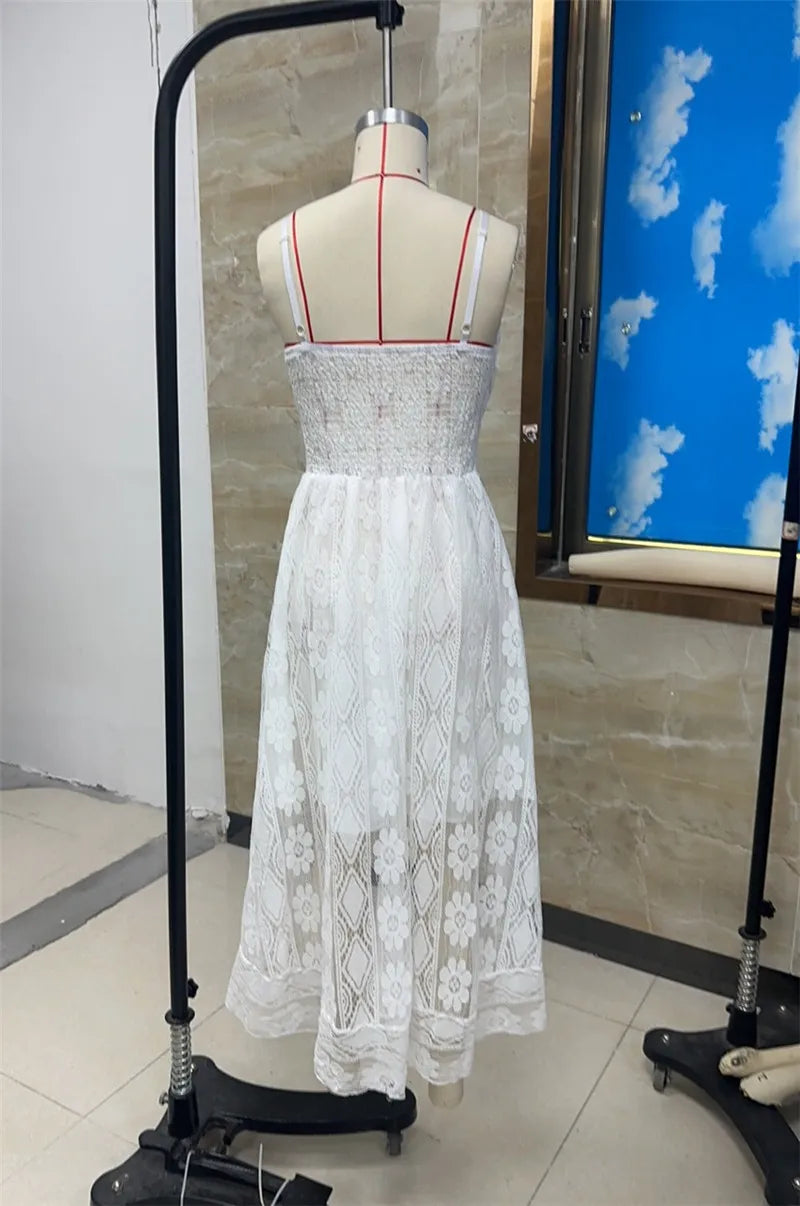 Lace Boho Style Long Dress Women Solid Color Deep V-neck Sleeveless Beachwear High Waist A-Line Summer Wild Sling Dress For Lady