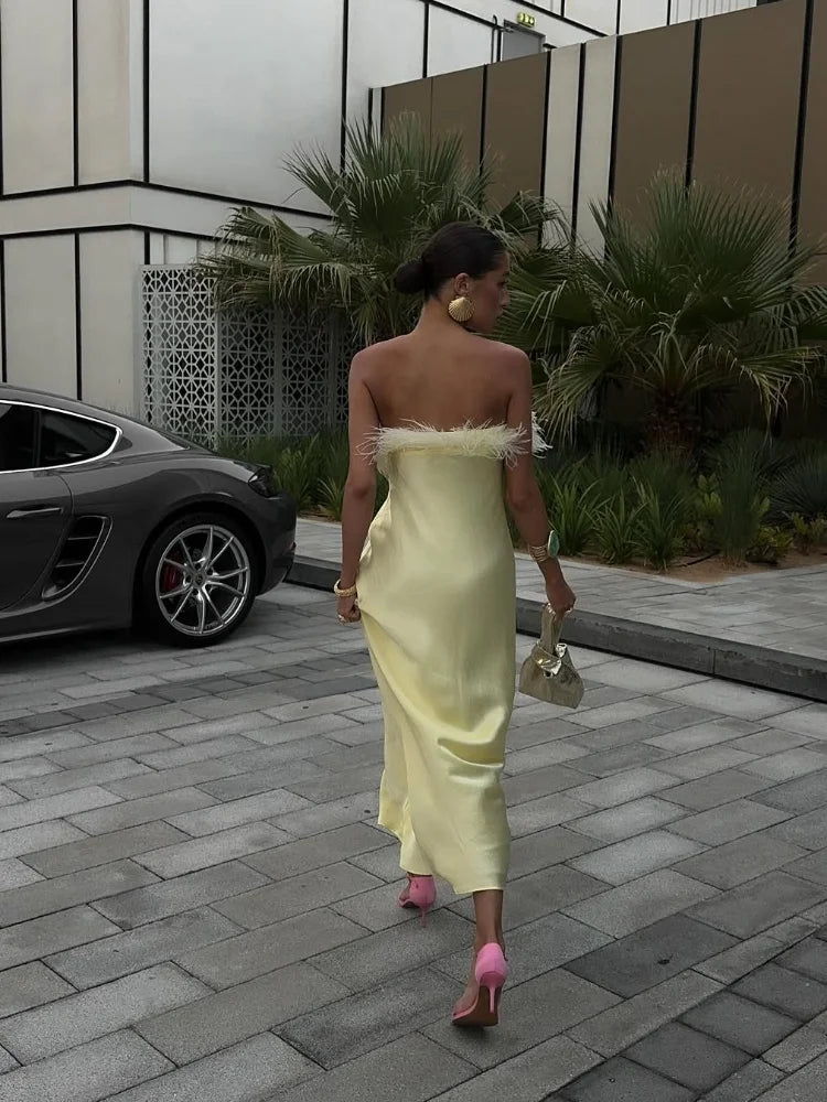 Elegant Satin Feather Strapless Dress Sexy Backless Off Shoulder Slim Fit Long Vestidos For Female 2025 Summer Party Street Gown