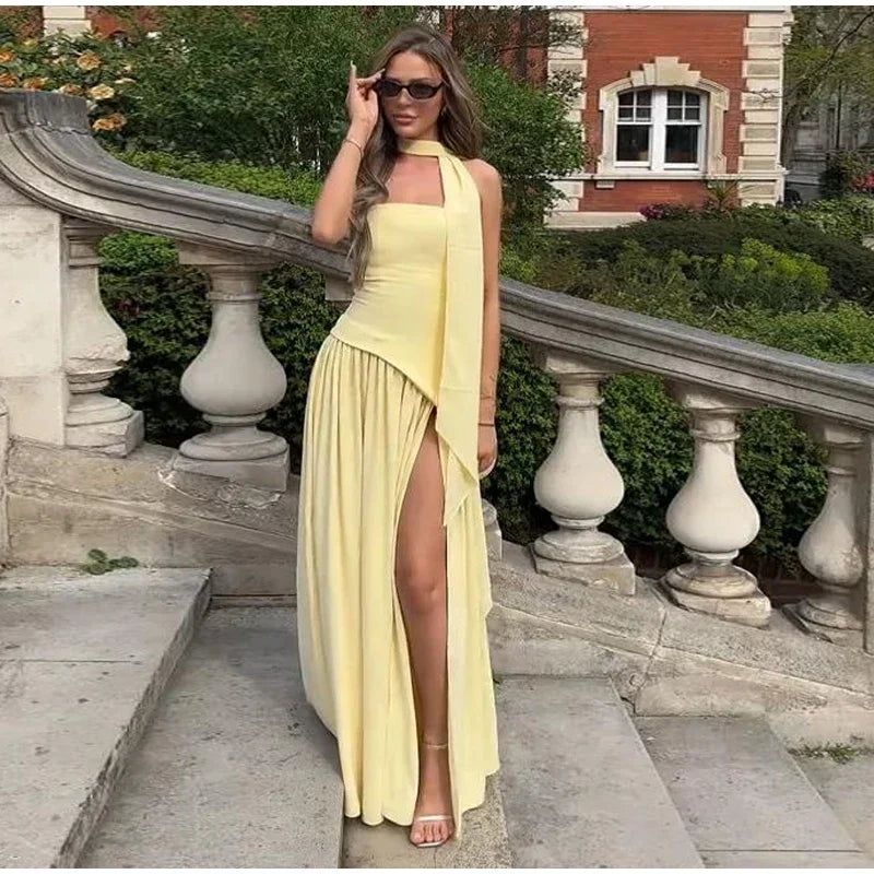 Women Butter Yellow Pleated Scarf Collar Long Dress Tie Back Spliced Backless Split Party Dresses 2025 Summer Asymmetric Robes