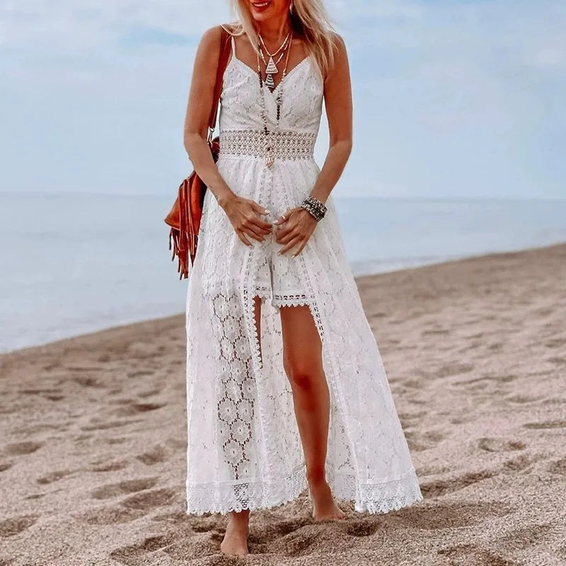 Holiday Hollow Jumpsuit Dress for Women Sling Bare Shoulder A-line Dresses Femme Sleeveless Long Dress Backless Camisole Romper