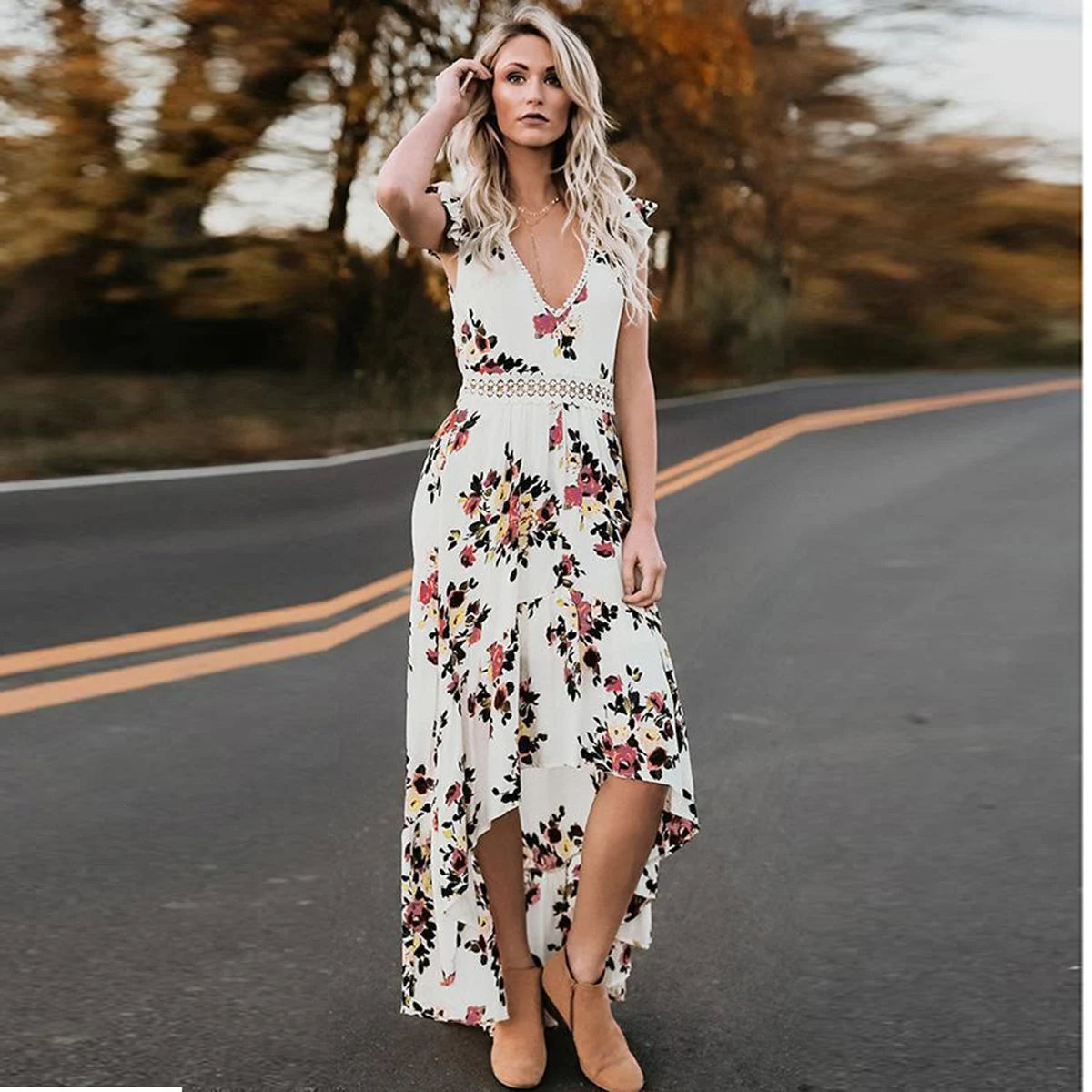 Mode Vrouwen Mouwloze Bloemenprint Onregelmatige Zoom Backless Lange Tank Jurk Backless Onregelmatige Grote Zoom Bloemenprint Ju