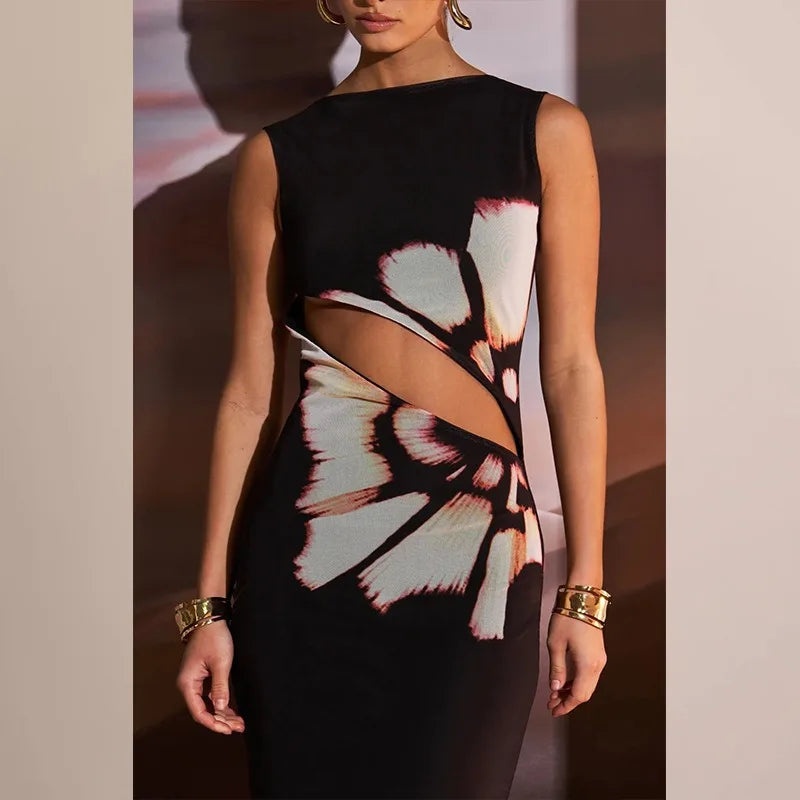 Summer Sexy Maxi Dress For Women Streetwear Fashion Print Hollow Out Sleeveless New Slim Dress Casual Club Elegant Party Dresses