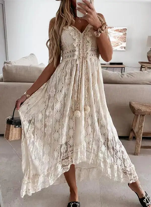 2025 Summer New Lace Solid Color Long Dress Fashion Casual Bohemia V-neck Sleeveless Spaghetti Strap Beach Irregular Hem Dresses