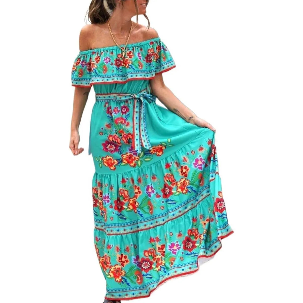 Mexican Traditional Ethnic Mexican Cinco De Mayo Summer Floral Print Off Shoulder Women Mexican Dress