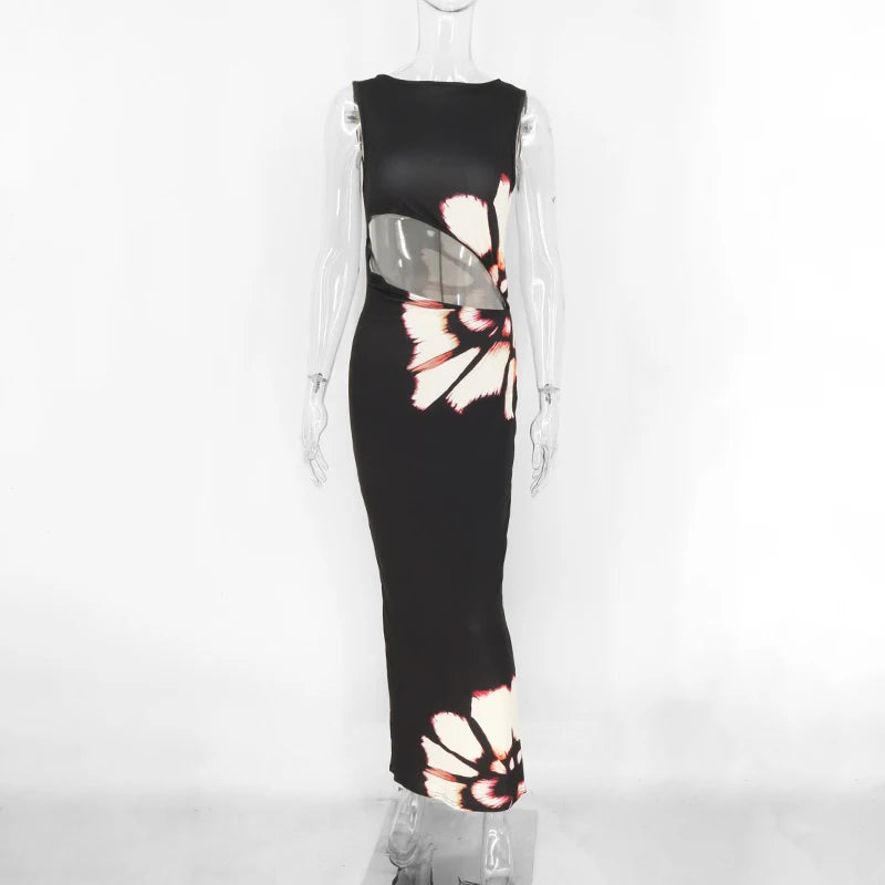 Summer Sexy Maxi Dress For Women Streetwear Fashion Print Hollow Out Sleeveless New Slim Dress Casual Club Elegant Party Dresses