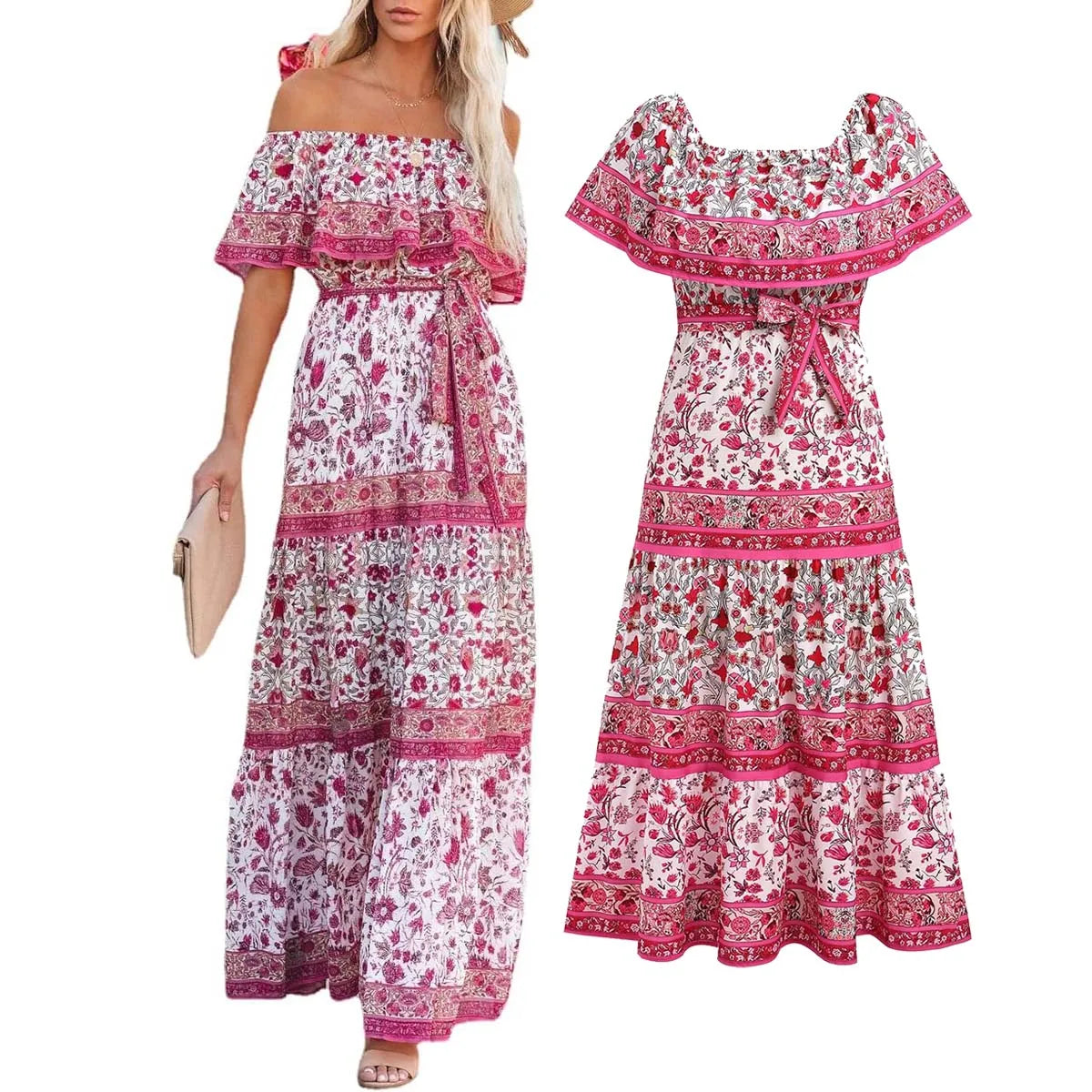 Mexican Traditional Ethnic Mexican Cinco De Mayo Summer Floral Print Off Shoulder Women Mexican Dress