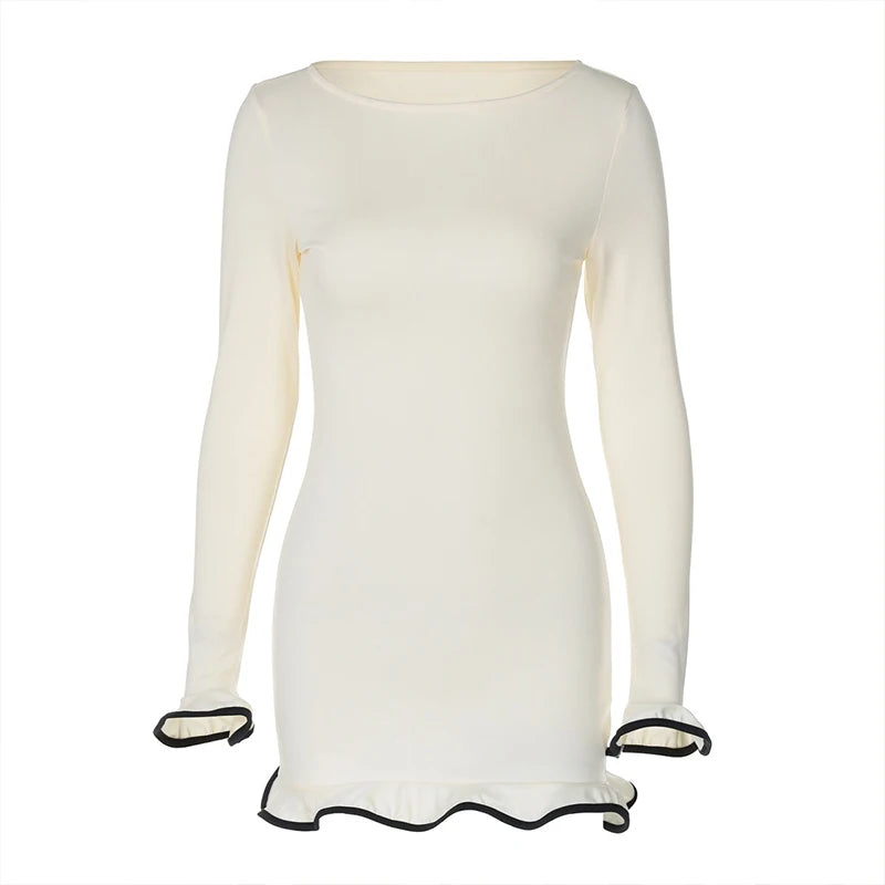 New Women's Dresses Elegant Round Neck Pleat Long Sleeve Casual Slim Pink Sexy Black Short Dresses Lady Street Chic Party Dress