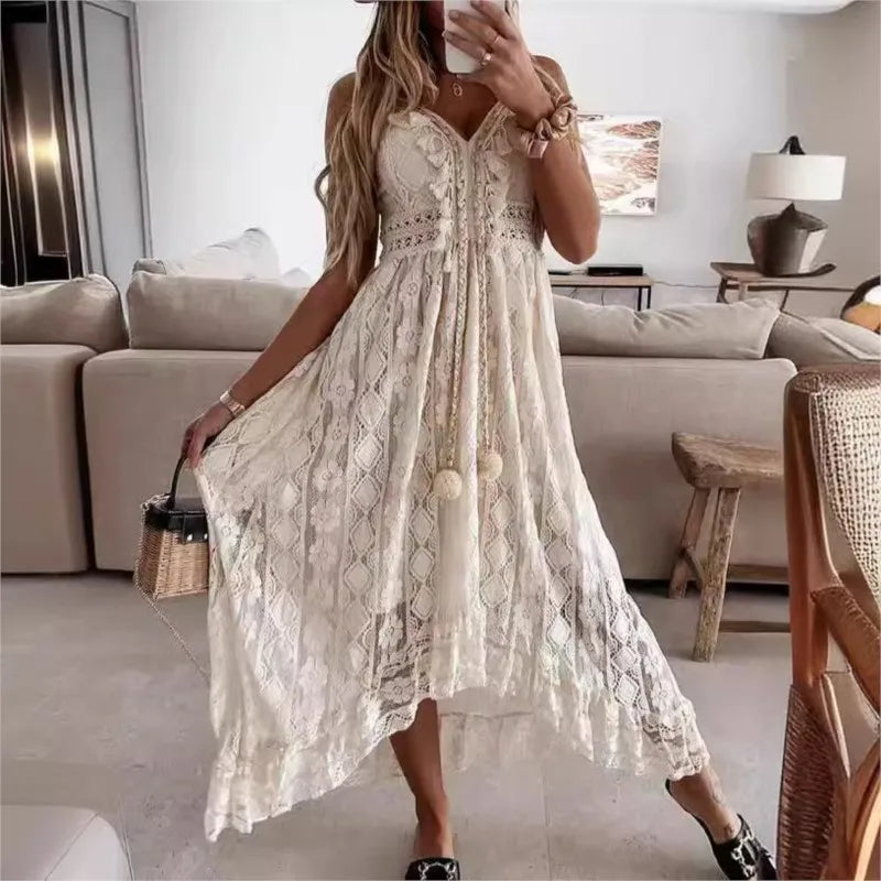 2025 Summer New Lace Solid Color Long Dress Fashion Casual Bohemia V-neck Sleeveless Spaghetti Strap Beach Irregular Hem Dresses