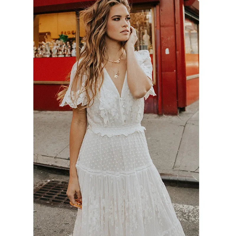 Happie Queens Women Solid Short Sleeve Beach Sexy Lace Bohemian Maxi Dress Ladies V-neck Boho Sundress Vestidos