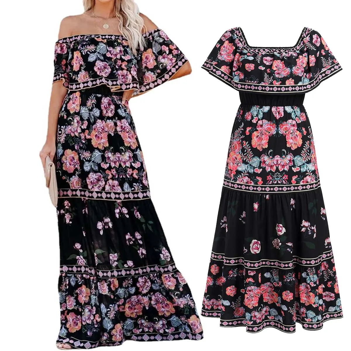Mexican Traditional Ethnic Mexican Cinco De Mayo Summer Floral Print Off Shoulder Women Mexican Dress