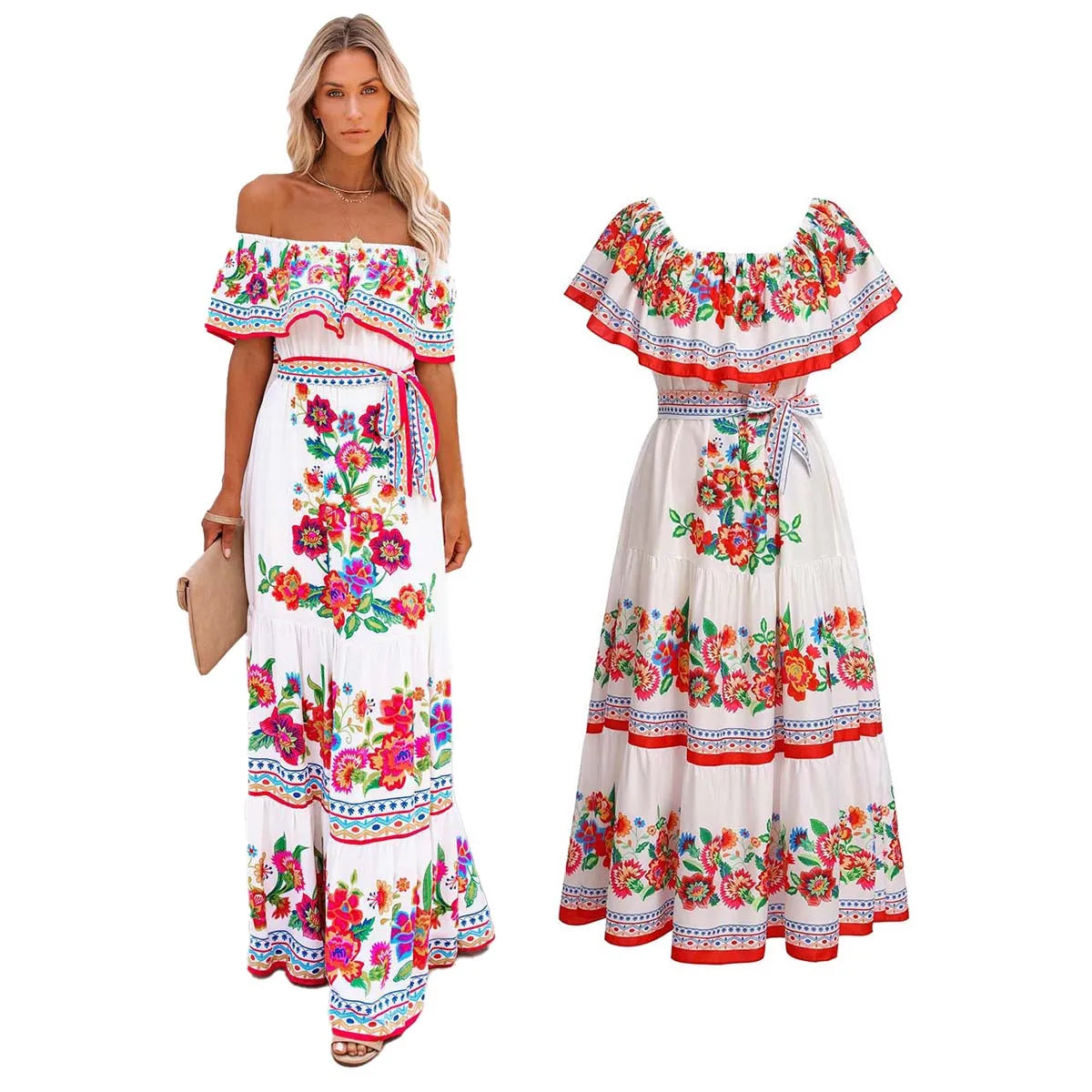 Mexican Traditional Ethnic Mexican Cinco De Mayo Summer Floral Print Off Shoulder Women Mexican Dress