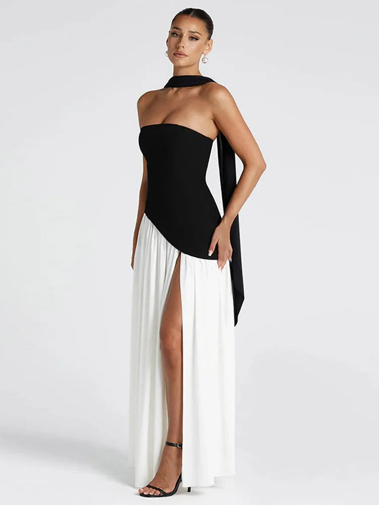Women Butter Yellow Pleated Scarf Collar Long Dress Tie Back Spliced Backless Split Party Dresses 2025 Summer Asymmetric Robes