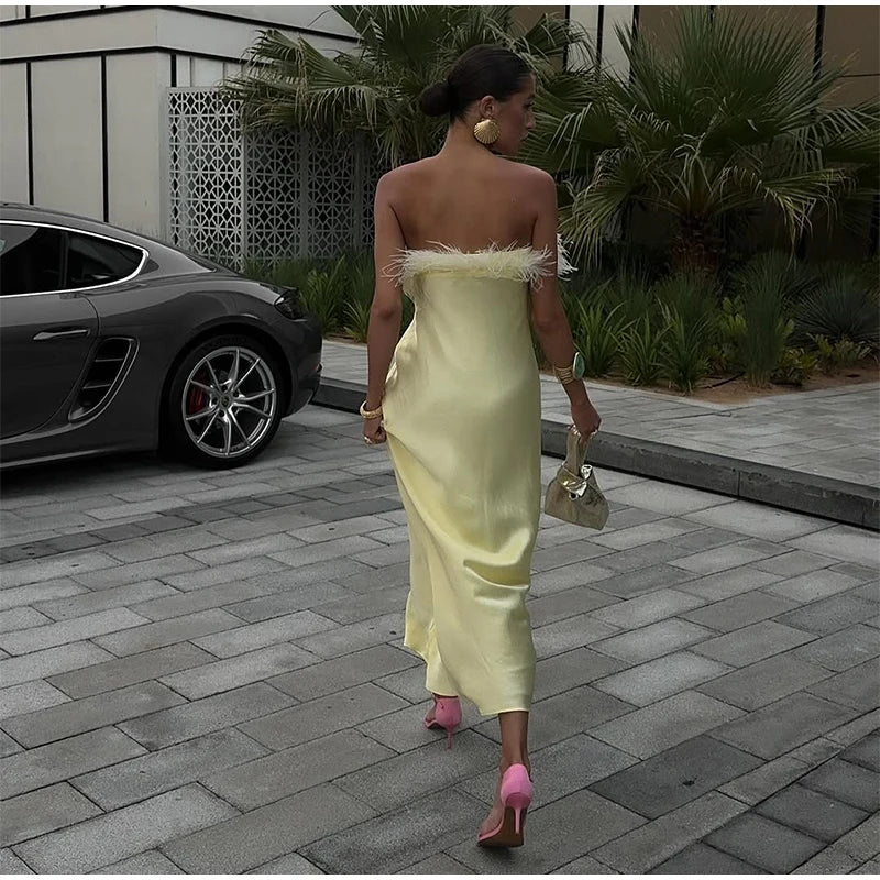 Elegant Satin Feather Strapless Dress Sexy Backless Off Shoulder Slim Fit Long Vestidos For Female 2025 Summer Party Street Gown