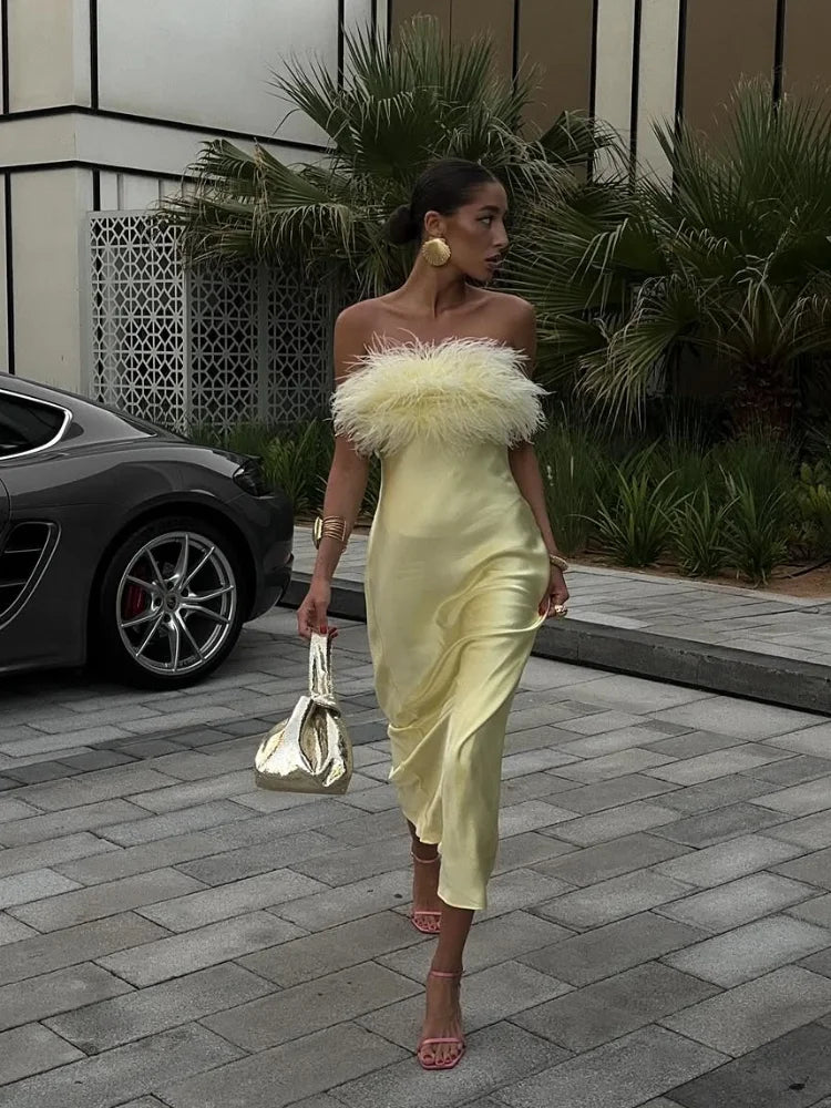 Elegant Satin Feather Strapless Dress Sexy Backless Off Shoulder Slim Fit Long Vestidos For Female 2025 Summer Party Street Gown
