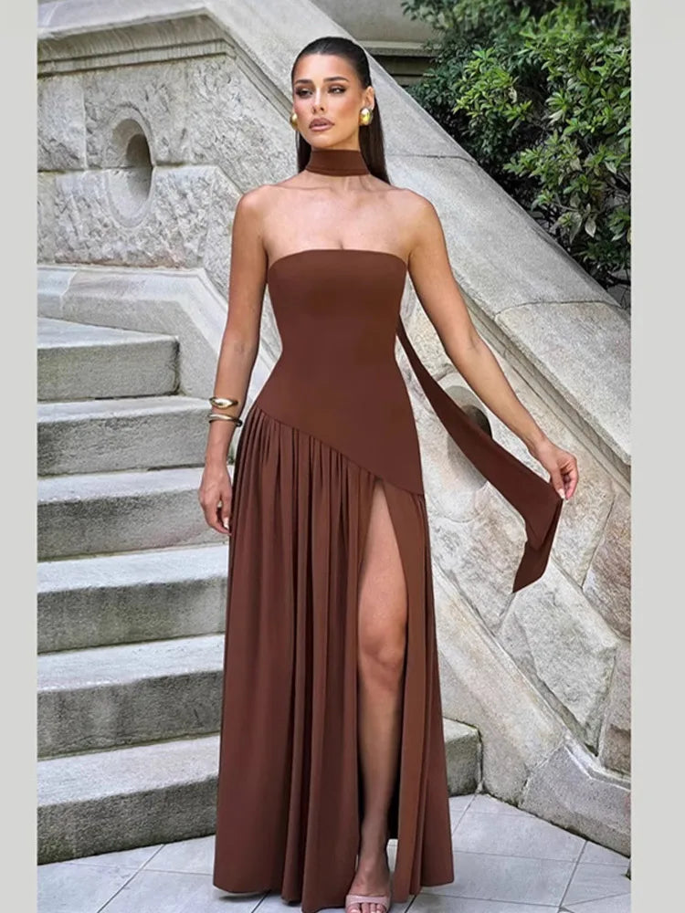 Women Butter Yellow Pleated Scarf Collar Long Dress Tie Back Spliced Backless Split Party Dresses 2025 Summer Asymmetric Robes