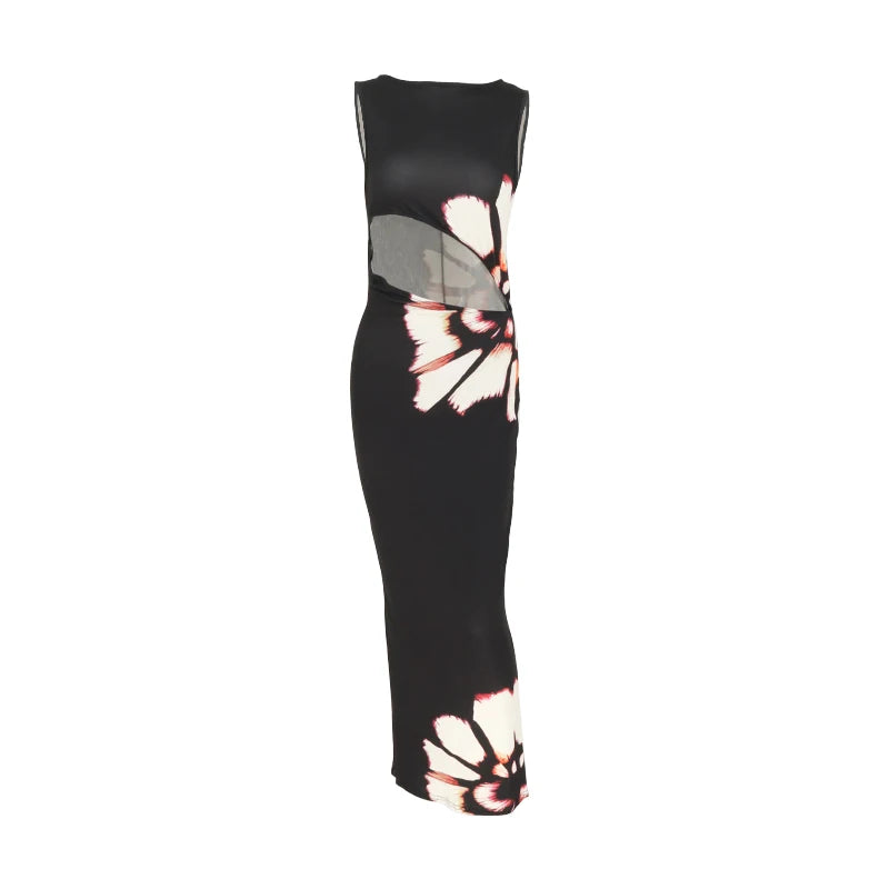 Summer Sexy Maxi Dress For Women Streetwear Fashion Print Hollow Out Sleeveless New Slim Dress Casual Club Elegant Party Dresses