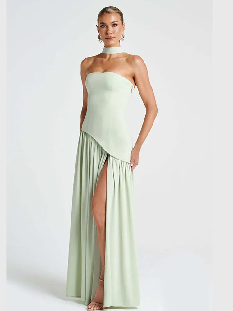 Women Butter Yellow Pleated Scarf Collar Long Dress Tie Back Spliced Backless Split Party Dresses 2025 Summer Asymmetric Robes