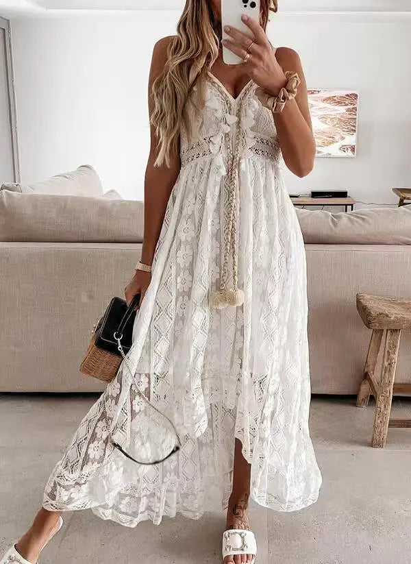 2025 Summer New Lace Solid Color Long Dress Fashion Casual Bohemia V-neck Sleeveless Spaghetti Strap Beach Irregular Hem Dresses