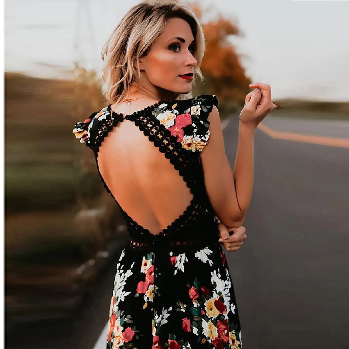Mode Vrouwen Mouwloze Bloemenprint Onregelmatige Zoom Backless Lange Tank Jurk Backless Onregelmatige Grote Zoom Bloemenprint Ju