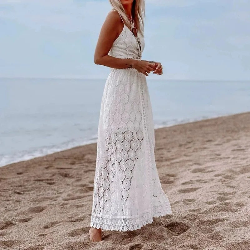 Holiday Hollow Jumpsuit Dress for Women Sling Bare Shoulder A-line Dresses Femme Sleeveless Long Dress Backless Camisole Romper