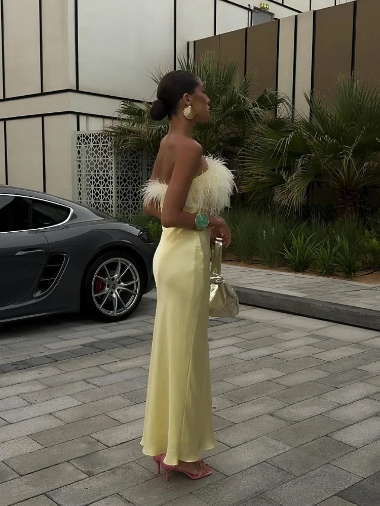 Elegant Satin Feather Strapless Dress Sexy Backless Off Shoulder Slim Fit Long Vestidos For Female 2025 Summer Party Street Gown