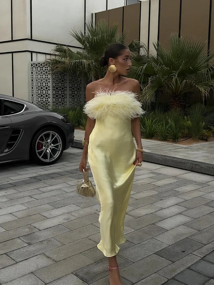 Elegant Satin Feather Strapless Dress Sexy Backless Off Shoulder Slim Fit Long Vestidos For Female 2025 Summer Party Street Gown