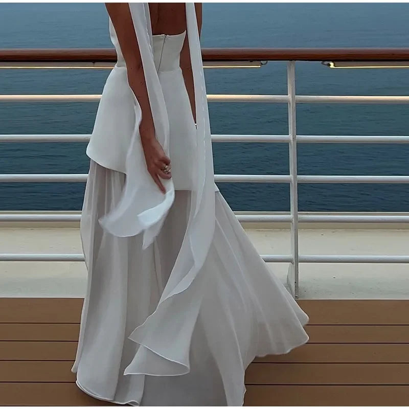 Women Butter Yellow Pleated Scarf Collar Long Dress Tie Back Spliced Backless Split Party Dresses 2025 Summer Asymmetric Robes