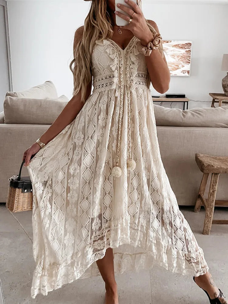 Lace Boho Style Long Dress Women Solid Color Deep V-neck Sleeveless Beachwear High Waist A-Line Summer Wild Sling Dress For Lady