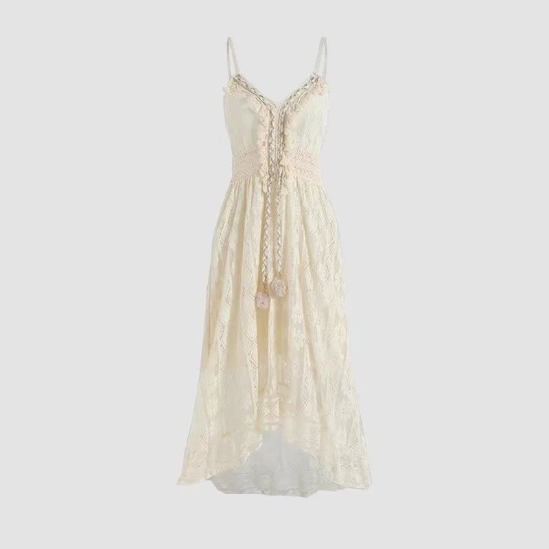 2025 Summer New Lace Solid Color Long Dress Fashion Casual Bohemia V-neck Sleeveless Spaghetti Strap Beach Irregular Hem Dresses
