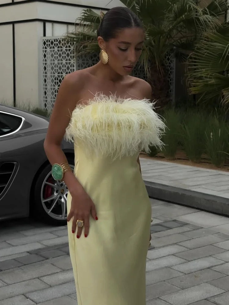Elegant Satin Feather Strapless Dress Sexy Backless Off Shoulder Slim Fit Long Vestidos For Female 2025 Summer Party Street Gown