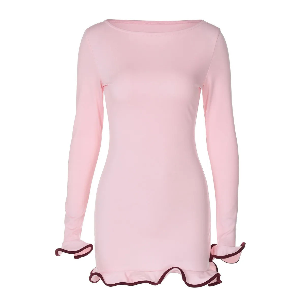 New Women's Dresses Elegant Round Neck Pleat Long Sleeve Casual Slim Pink Sexy Black Short Dresses Lady Street Chic Party Dress