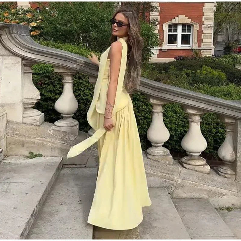 Women Butter Yellow Pleated Scarf Collar Long Dress Tie Back Spliced Backless Split Party Dresses 2025 Summer Asymmetric Robes
