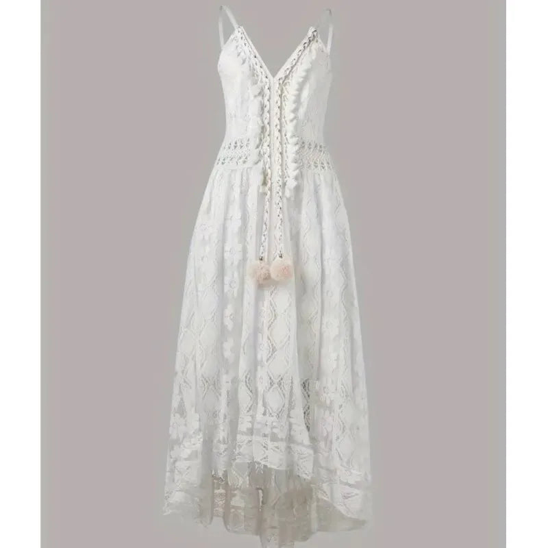 2025 Summer New Lace Solid Color Long Dress Fashion Casual Bohemia V-neck Sleeveless Spaghetti Strap Beach Irregular Hem Dresses