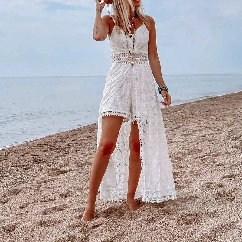 Holiday Hollow Jumpsuit Dress for Women Sling Bare Shoulder A-line Dresses Femme Sleeveless Long Dress Backless Camisole Romper