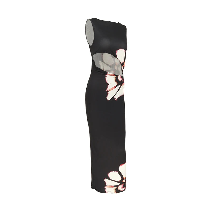 Summer Sexy Maxi Dress For Women Streetwear Fashion Print Hollow Out Sleeveless New Slim Dress Casual Club Elegant Party Dresses