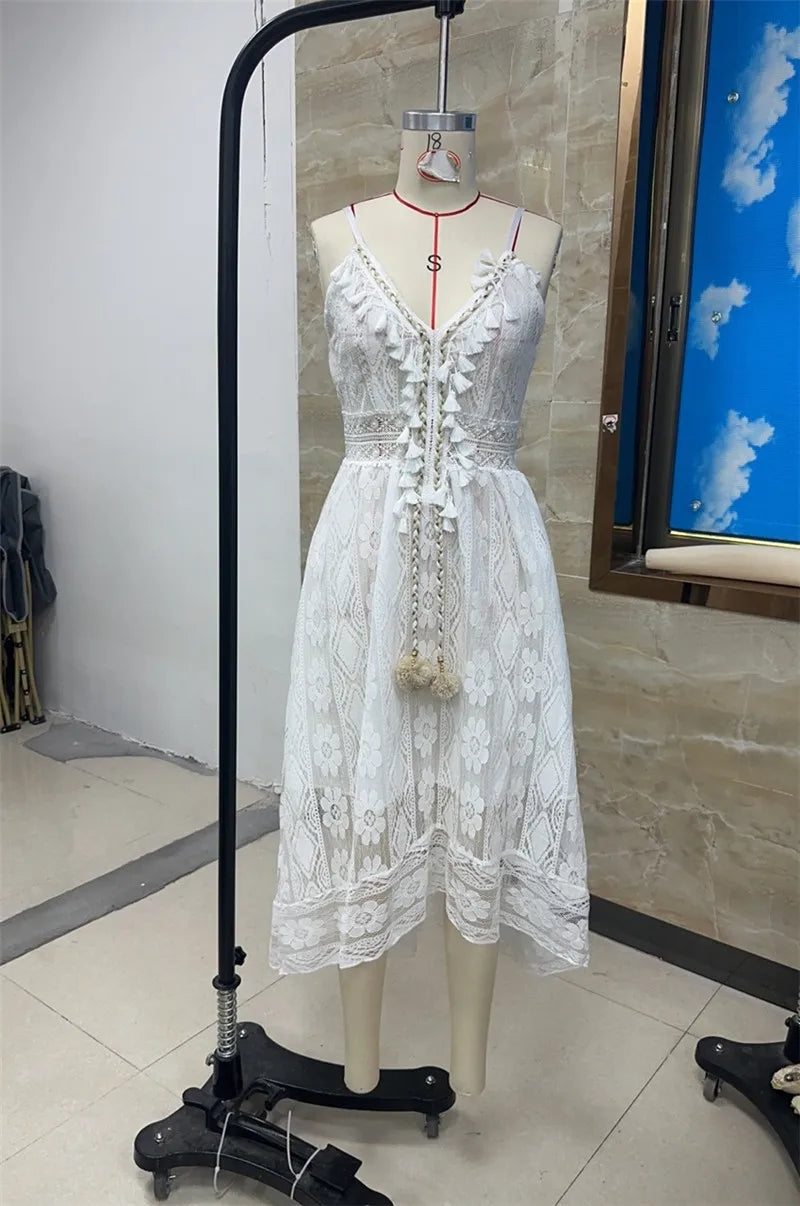 Lace Boho Style Long Dress Women Solid Color Deep V-neck Sleeveless Beachwear High Waist A-Line Summer Wild Sling Dress For Lady