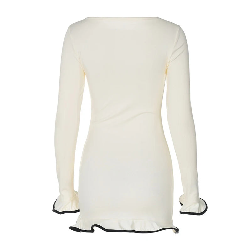 New Women's Dresses Elegant Round Neck Pleat Long Sleeve Casual Slim Pink Sexy Black Short Dresses Lady Street Chic Party Dress