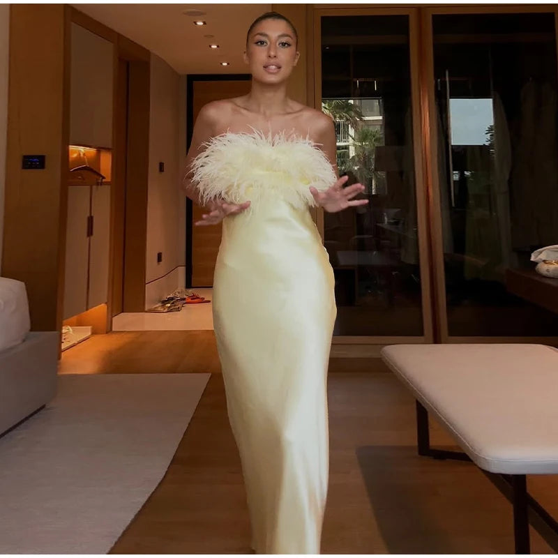 Elegant Satin Feather Strapless Dress Sexy Backless Off Shoulder Slim Fit Long Vestidos For Female 2025 Summer Party Street Gown