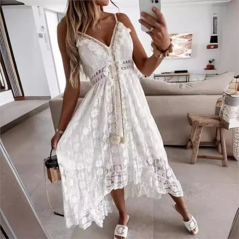 2025 Summer New Lace Solid Color Long Dress Fashion Casual Bohemia V-neck Sleeveless Spaghetti Strap Beach Irregular Hem Dresses