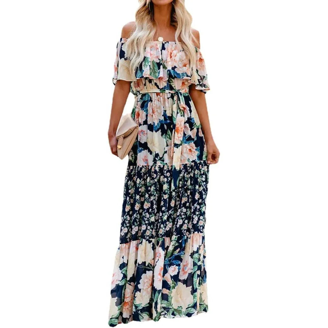 Mexican Traditional Ethnic Mexican Cinco De Mayo Summer Floral Print Off Shoulder Women Mexican Dress