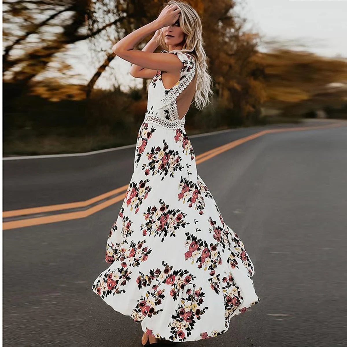 Mode Vrouwen Mouwloze Bloemenprint Onregelmatige Zoom Backless Lange Tank Jurk Backless Onregelmatige Grote Zoom Bloemenprint Ju
